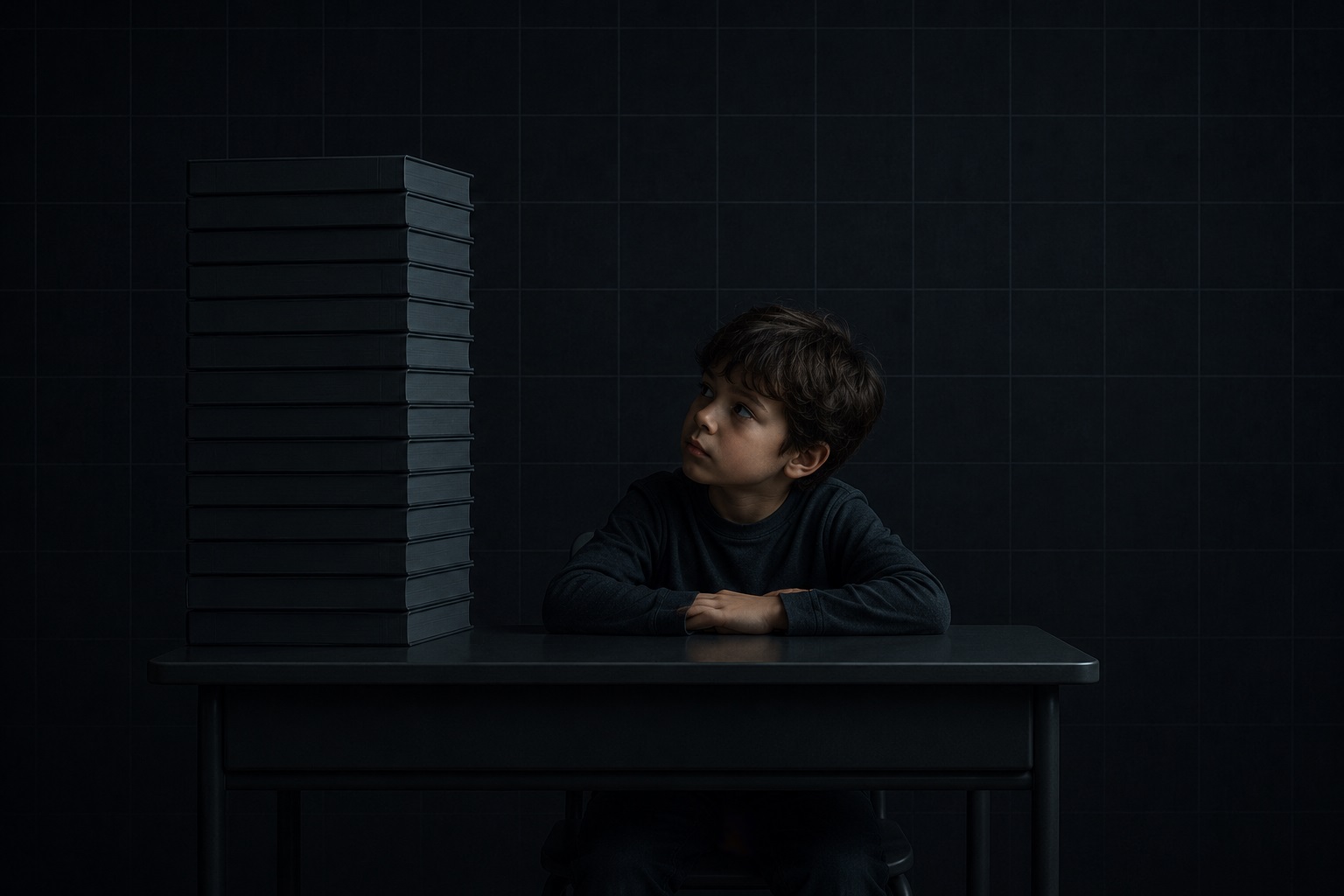An empty, dimly lit classroom symbolizing rigid traditional education