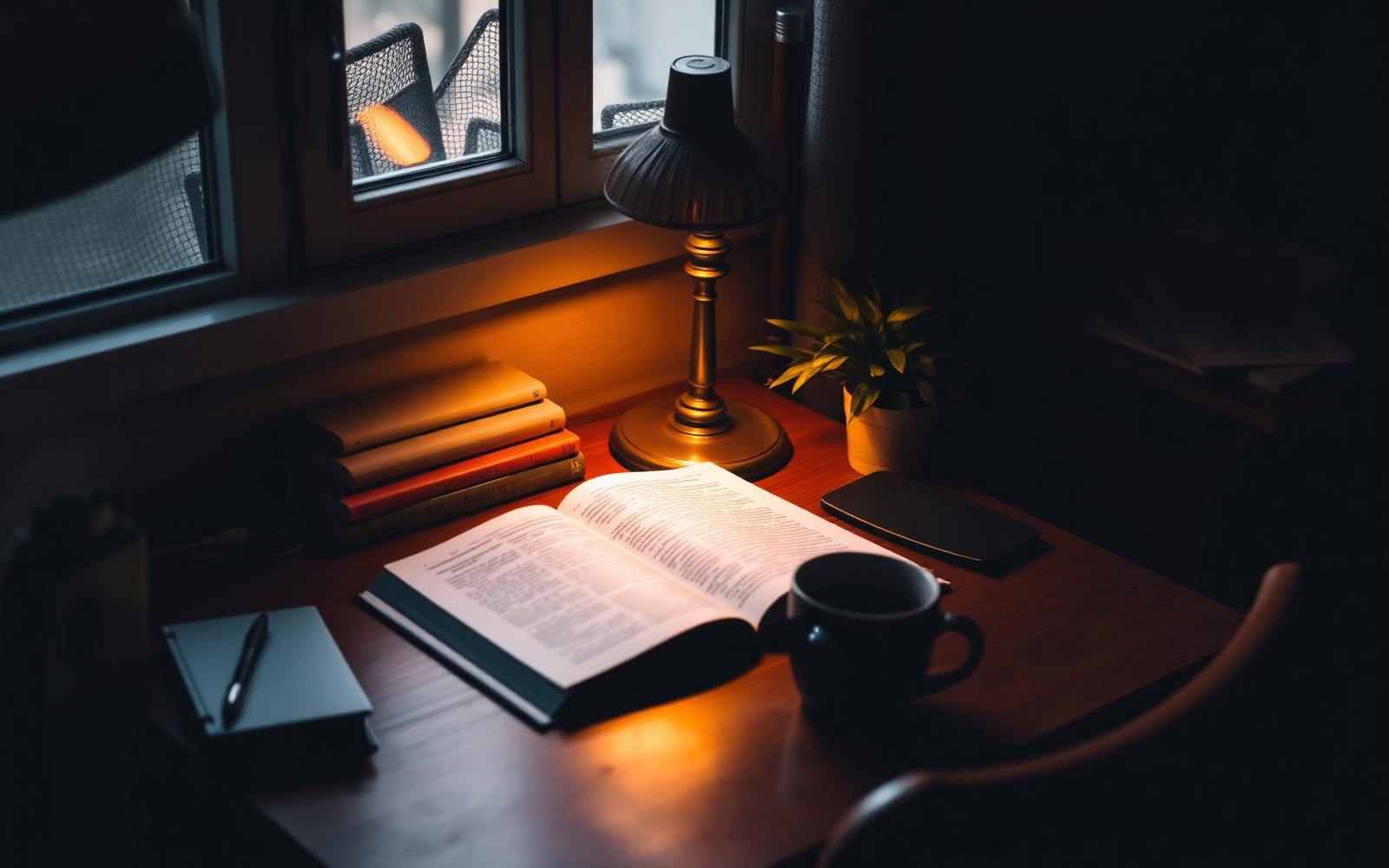 A warmly lit homeschool corner with books and a desk lamp