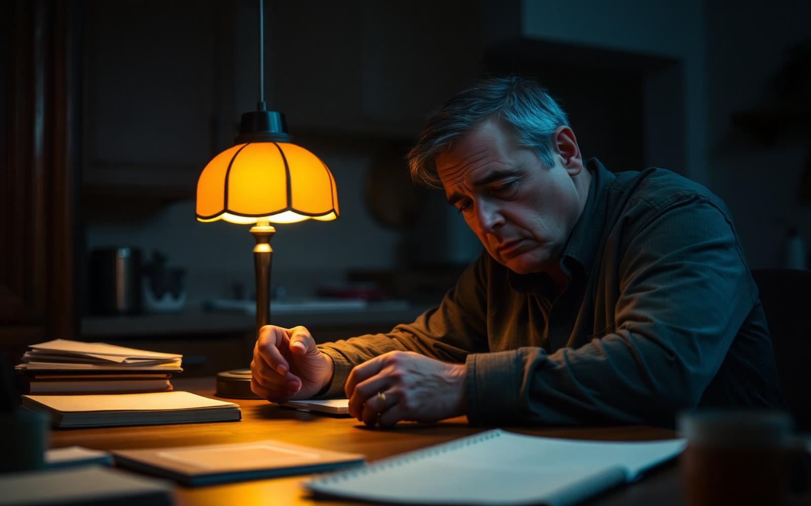 A homeschool parent working late at night by lamplight